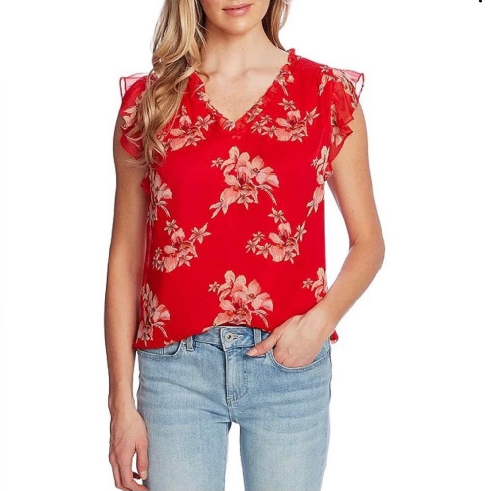CeCe Chiffon Smocked Cap Sleeve V-Neck Red Floral Print Flutter Blouse Size 2X